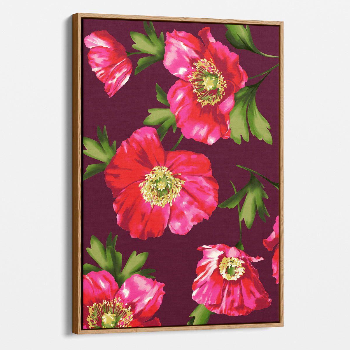 Isla Burgundy floral canvas print in oak  floater frame, portrait format