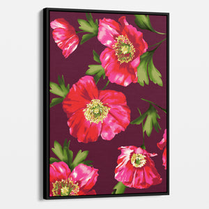 Framed Isla Burgundy poppy wall art angled view showing frame depth - vibrant red floral botanical print with soft green leaves