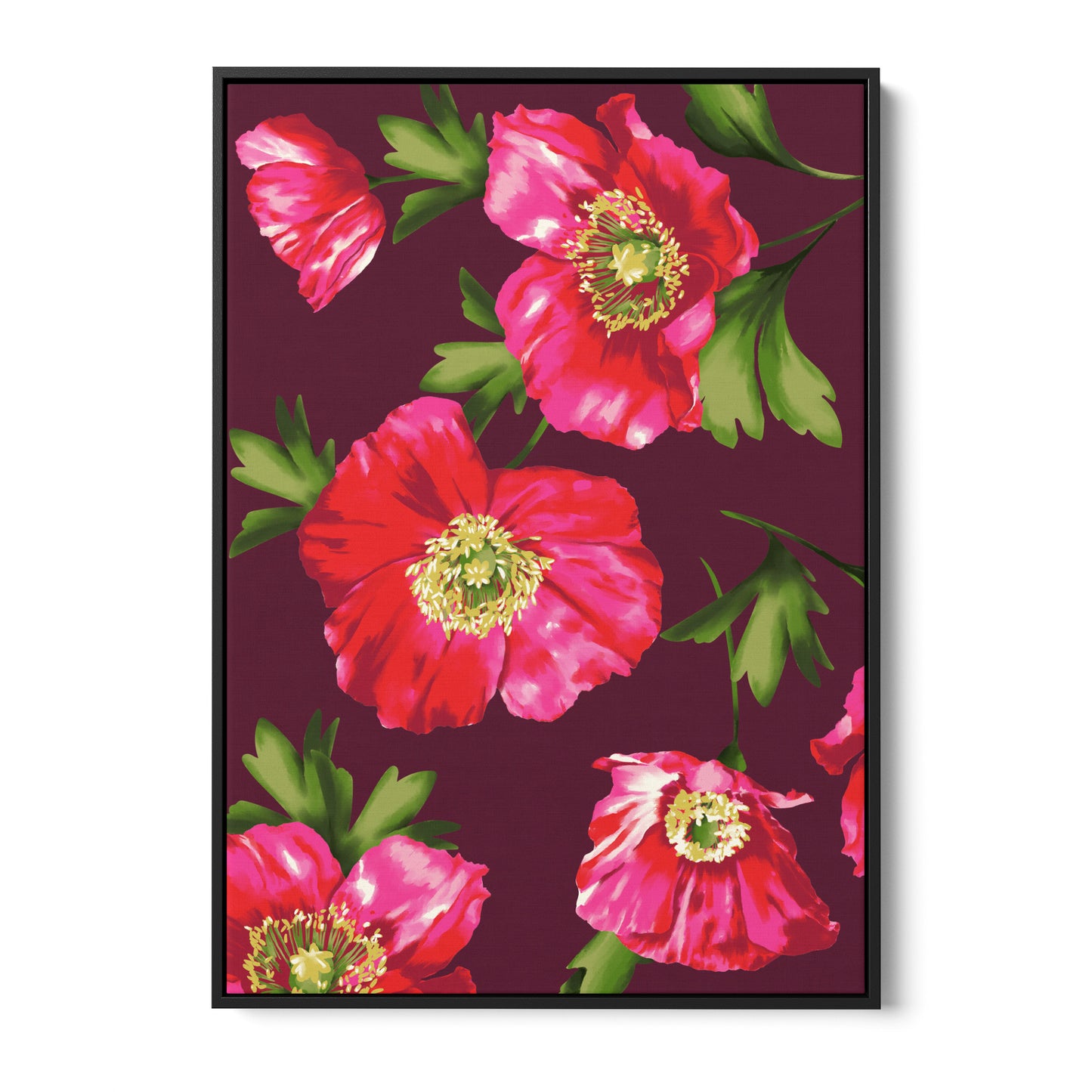 Isla Burgundy botanical wall art - bold crimson and magenta poppies on deep burgundy background with painterly textures, framed print front view