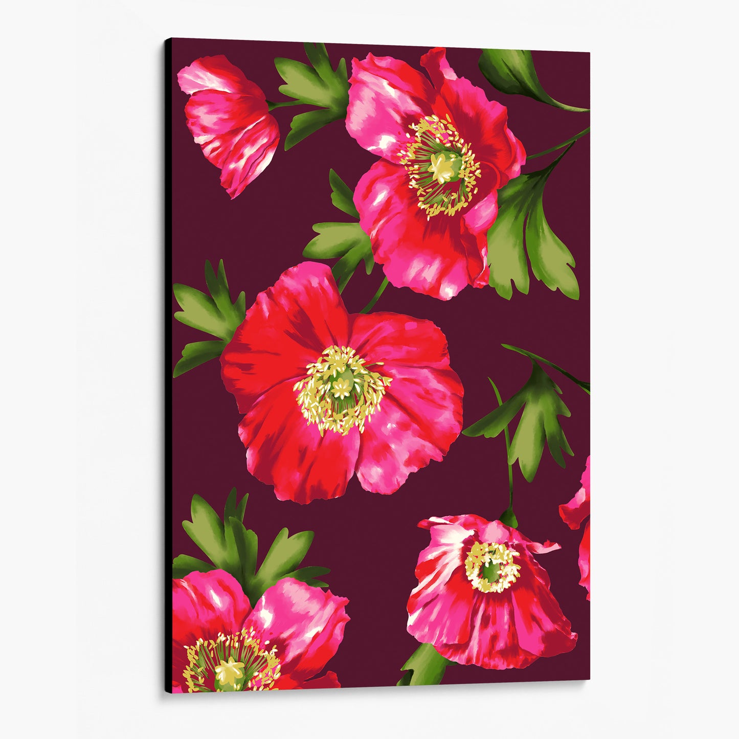 Unframed Isla Burgundy poppy wall art angled view showing frame depth - vibrant red floral botanical print with soft green leaves