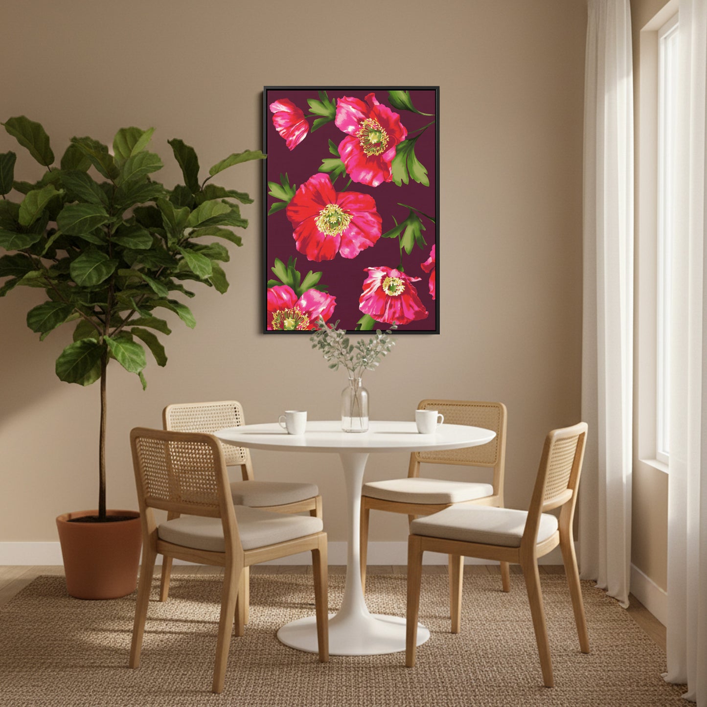 sla Burgundy botanical wall art in modern dinning room setting - bold poppy floral print creating vibrant statement piece for home decor