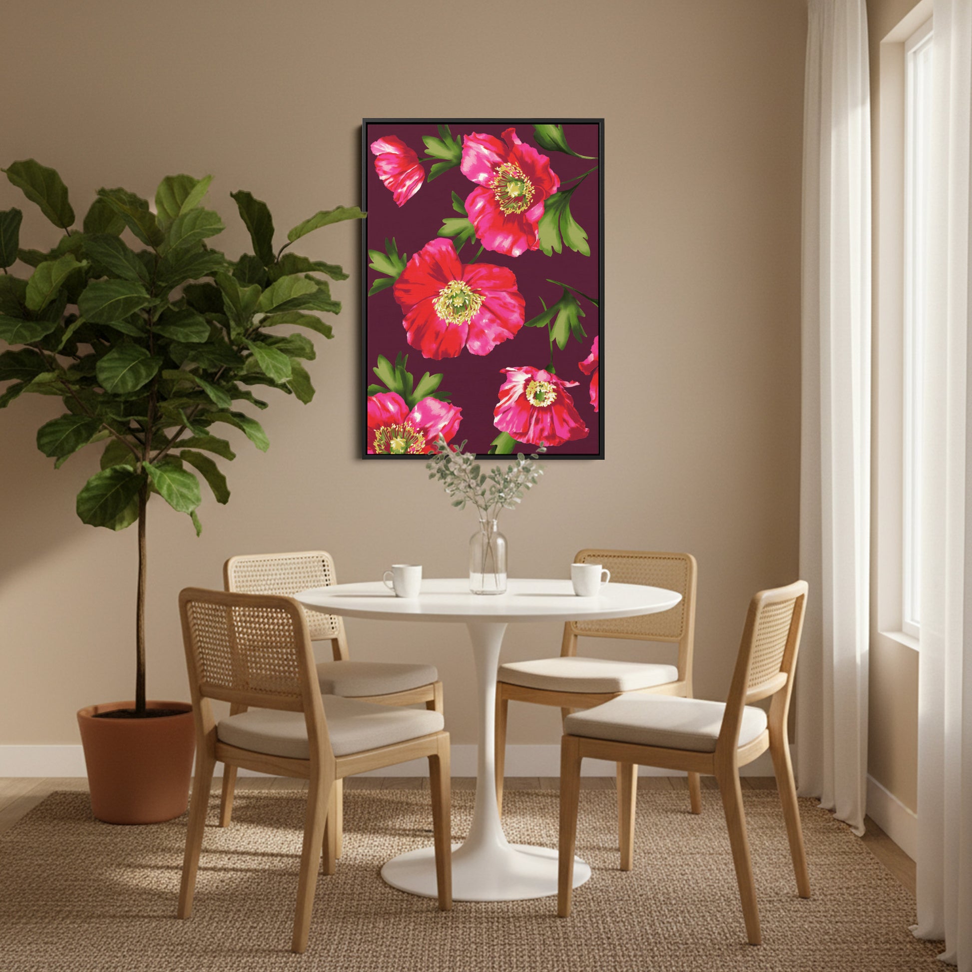 sla Burgundy botanical wall art in modern dinning room setting - bold poppy floral print creating vibrant statement piece for home decor