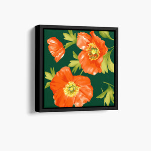 Framed Isla Emerald mini poppy wall art angled view showing frame depth - vibrant orange floral botanical print with fresh green leaves