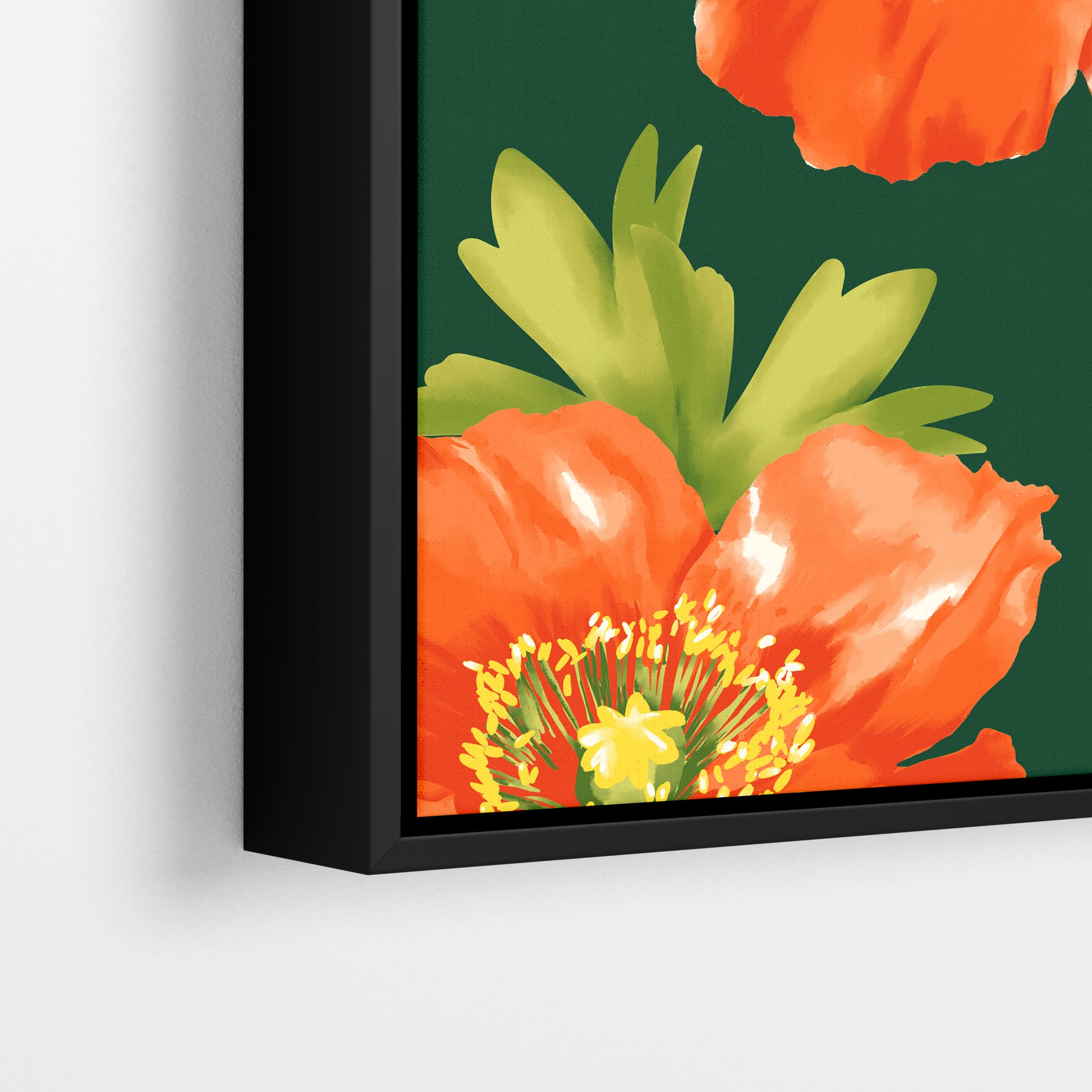 Close-up detail of Isla Emerald framed botanical print - painterly orange poppies with organic movement on emerald green background
