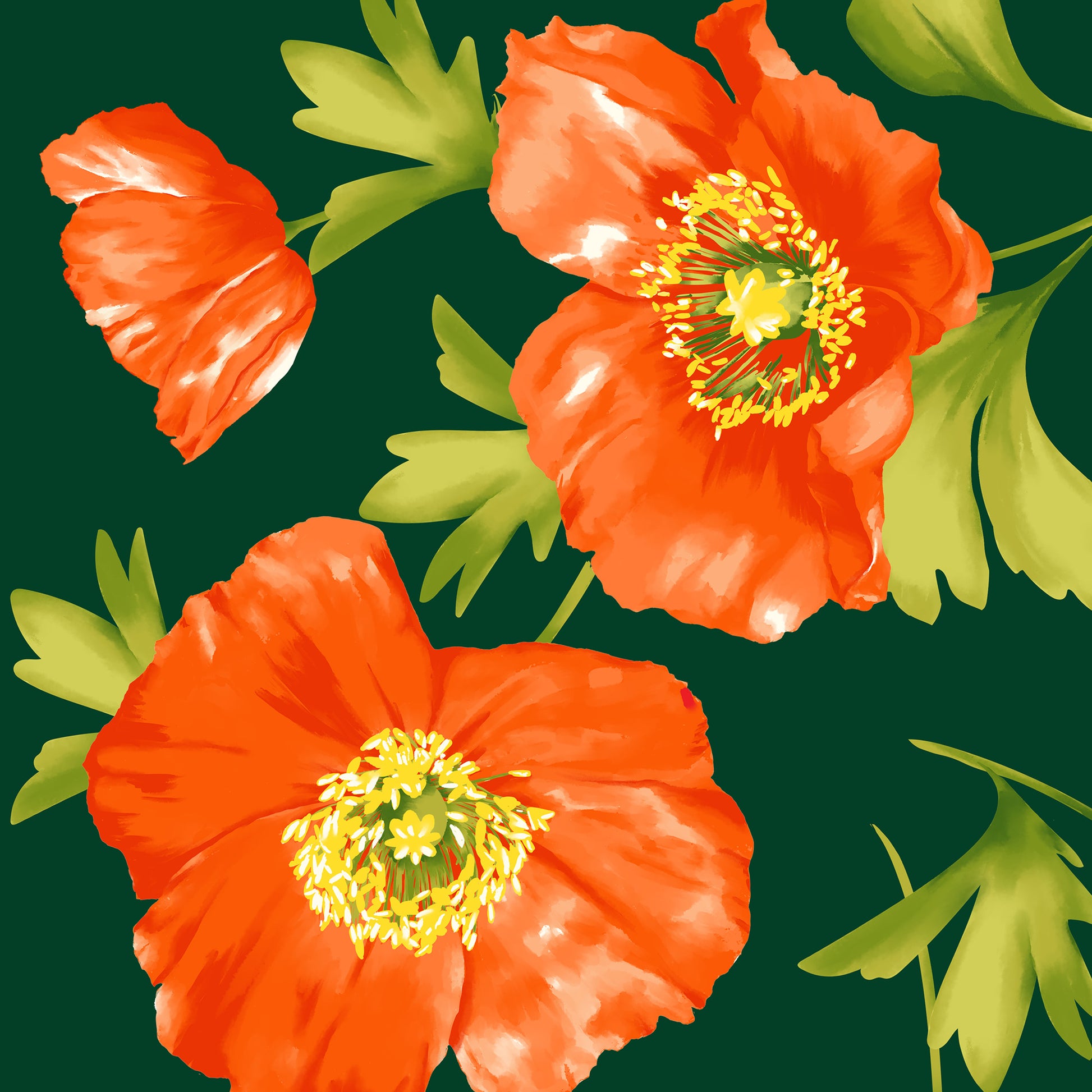 Close-up detail of Isla Emerald mini botanical print - painterly orange poppies with organic movement on emerald green background