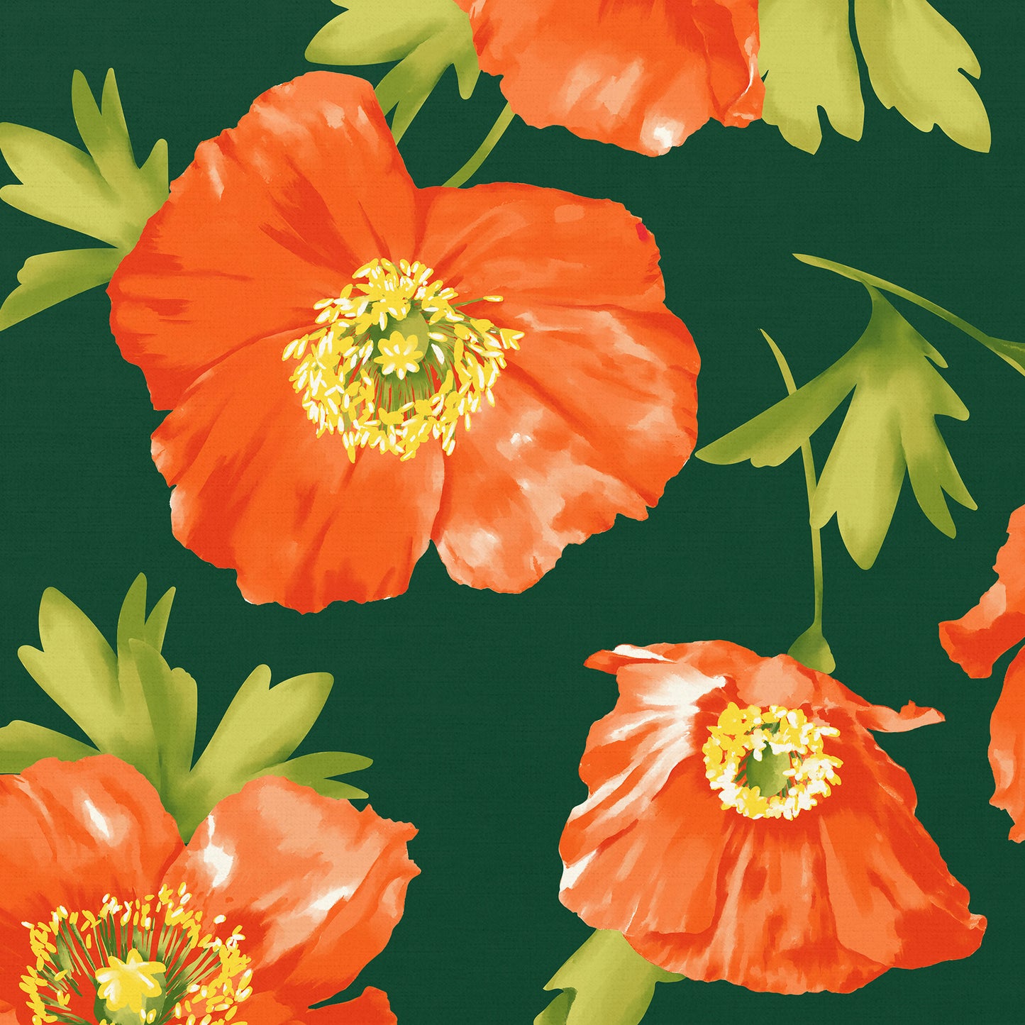 Close-up detail of Isla Emerald botanical print - painterly orange poppies with organic movement on emerald green background