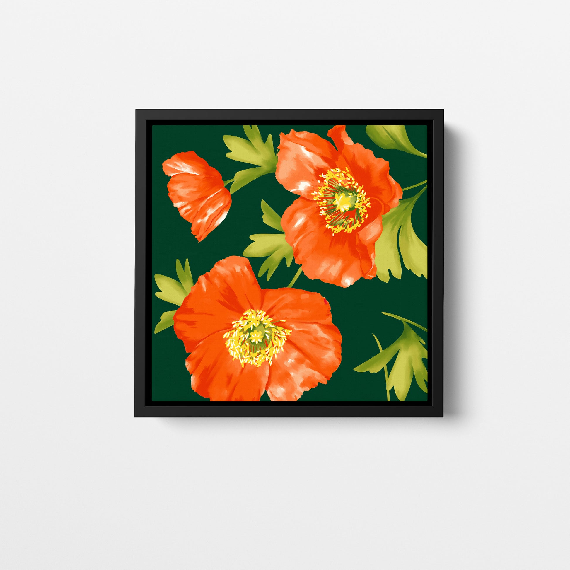 Isla Emerald mini botanical wall art - bold orange poppies on deep emerald background with painterly textures, framed print front view
