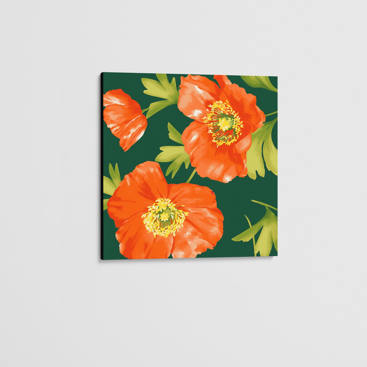 Unframed Isla Emerald mini poppy wall art angled view with vibrant orange floral botanical print with fresh green leaves