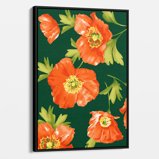 Framed Isla Emerald poppy wall art angled view showing frame depth - vibrant orange floral botanical print with fresh green leaves