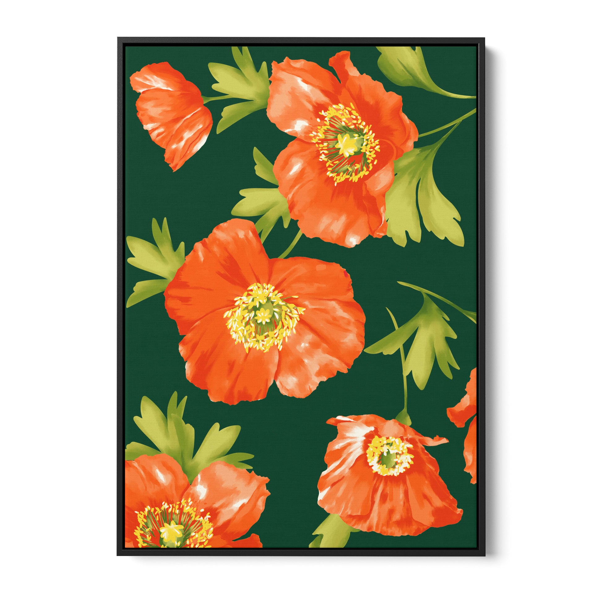 Isla Emerald botanical wall art - bold orange poppies on deep emerald background with painterly textures, framed print front view