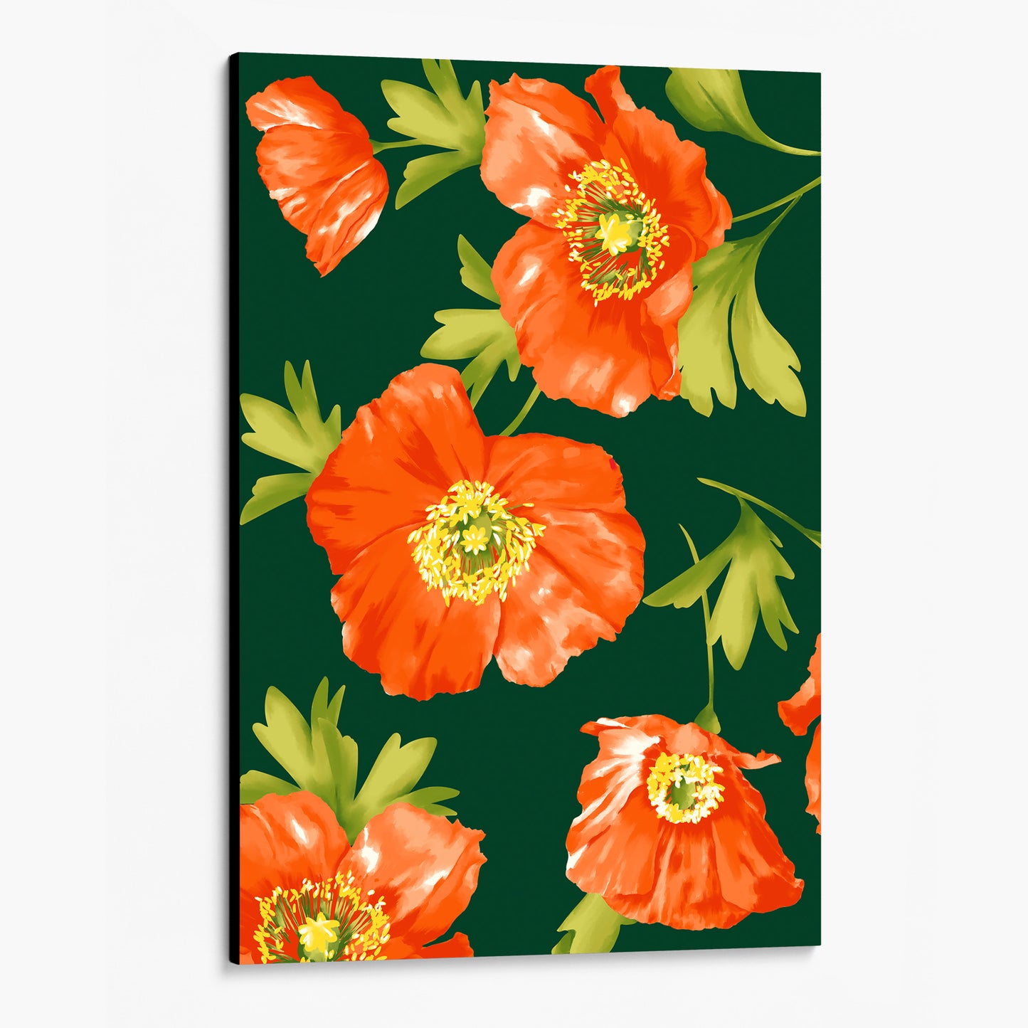 unframed Isla Emerald poppy wall art angled view showing frame depth - vibrant orange floral botanical print with fresh green leaves