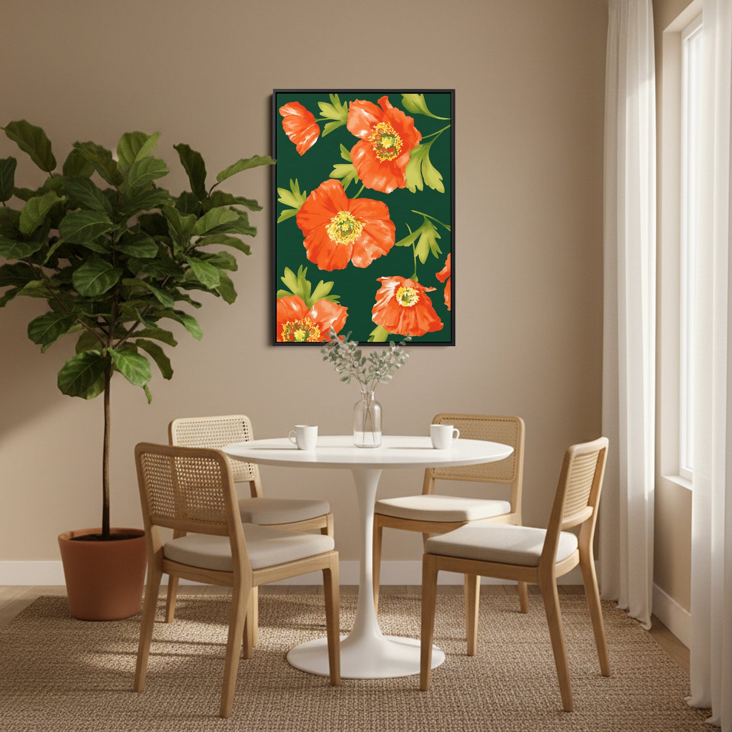 Isla Emerald botanical wall art in modern room setting - bold orange poppy print creating vibrant statement piece for home decor