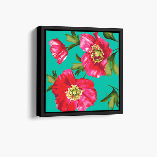 Framed Isla Turquoise mini poppy wall art angled view showing frame depth - vibrant pink floral botanical print with fresh green leaves