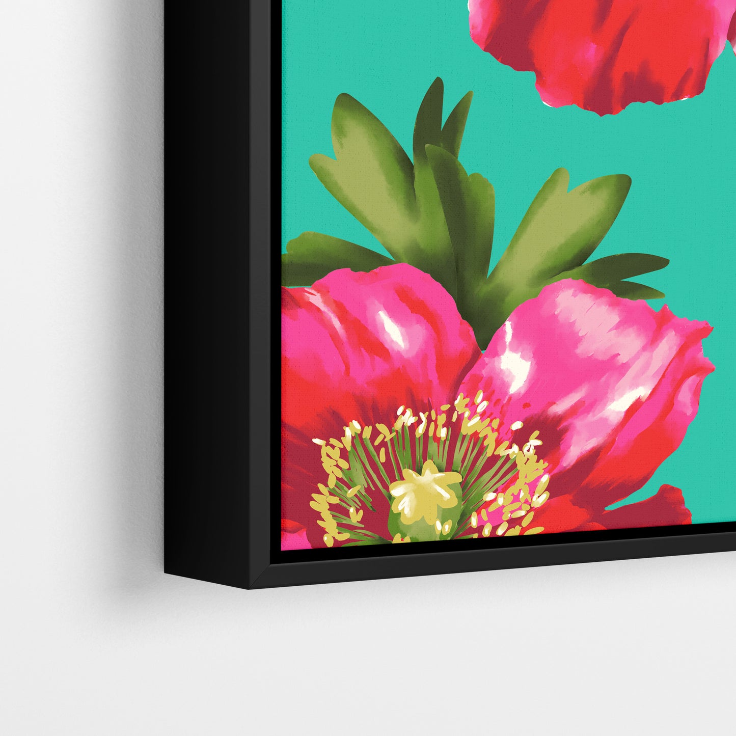  Close-up detail of Isla Turquoise framed botanical print - painterly pink poppies with organic movement on turquoise background