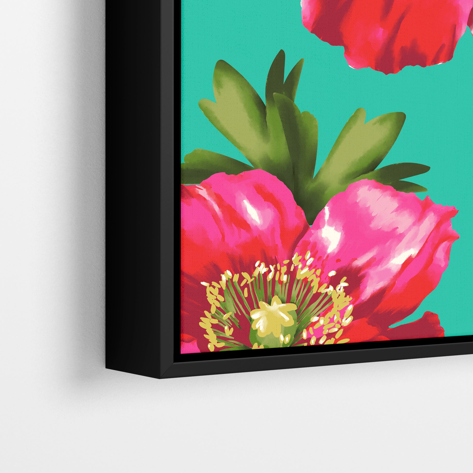  Close-up detail of Isla Turquoise framed botanical print - painterly pink poppies with organic movement on turquoise background