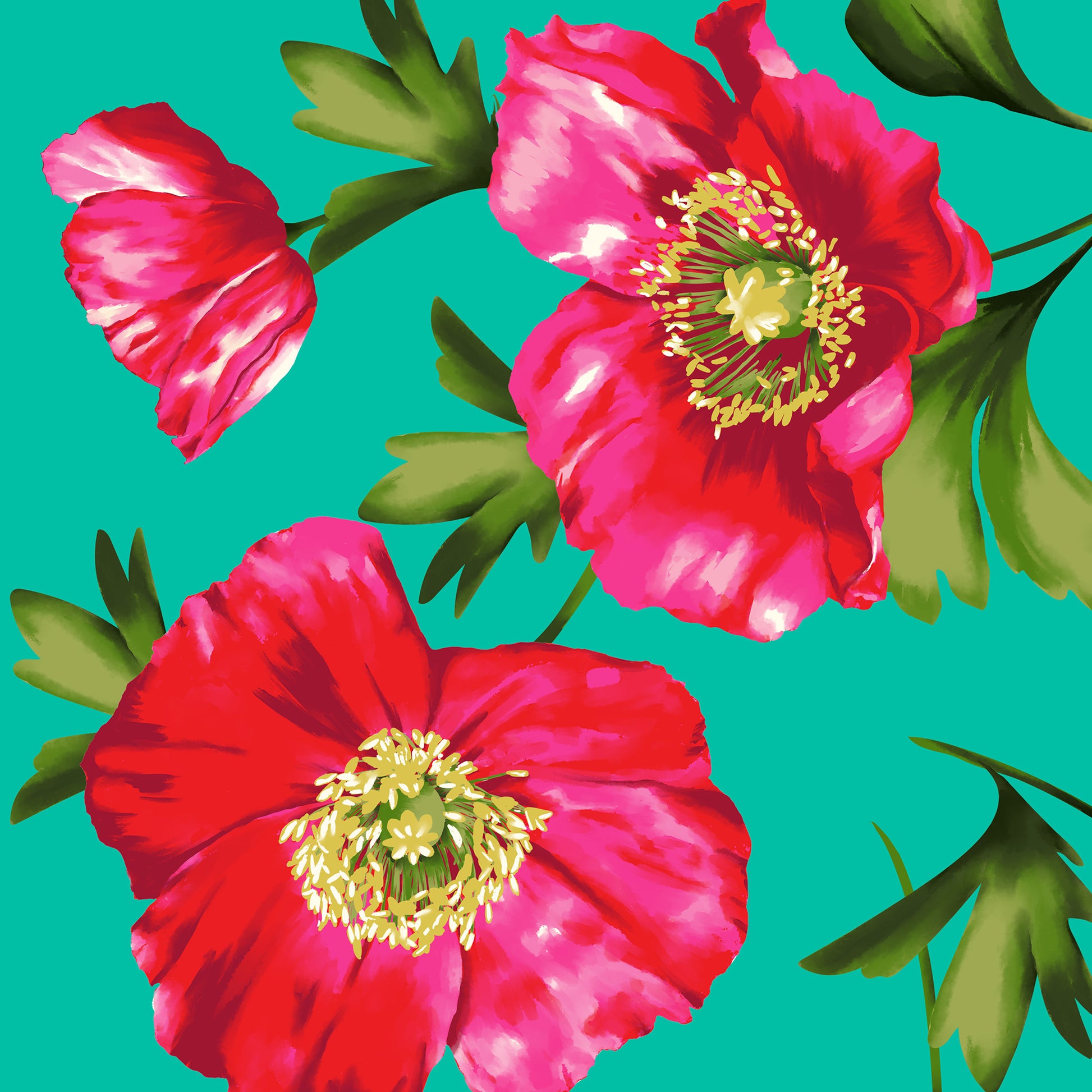 Close-up detail of Isla Turquoise botanical print - painterly pink poppies with organic movement on turquoise background
