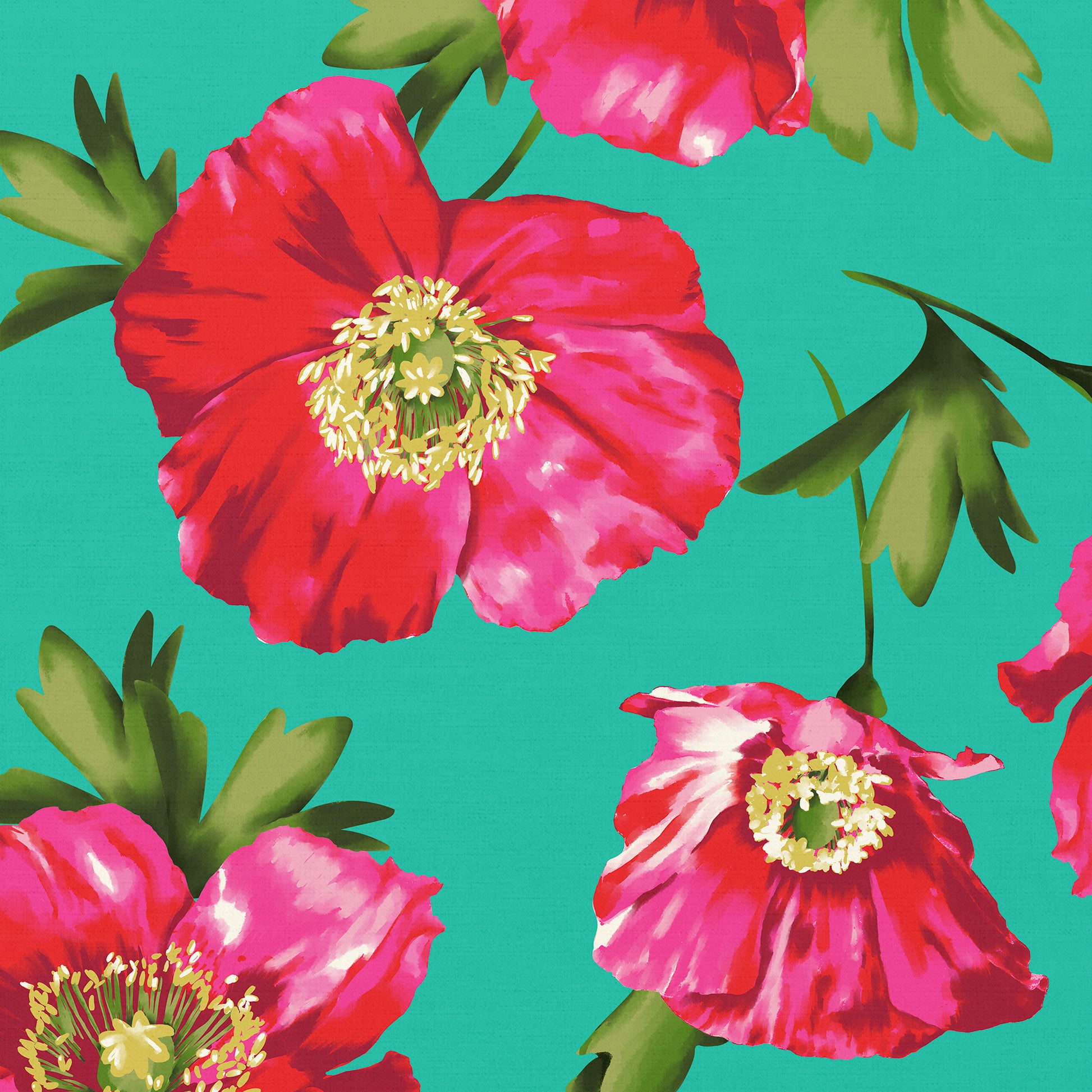 Close-up detail of Isla Turquoise botanical print - painterly pink poppies with organic movement on turquoise background
