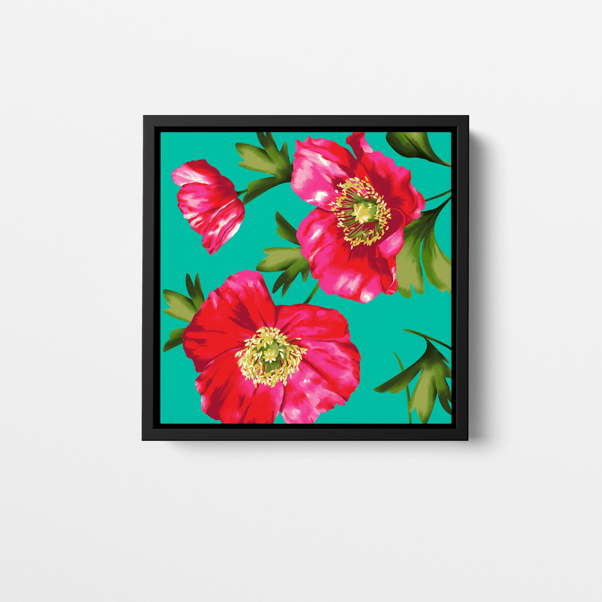 Isla Turquoise mini botanical wall art - bold pink poppies on turquoise background with painterly textures, framed print front view
