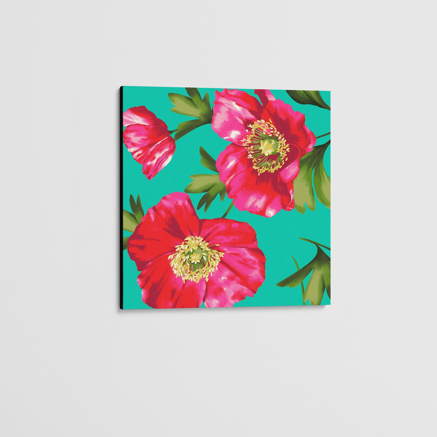 Unframed Isla Turquoise mini poppy wall art angled view showing frame depth - vibrant pink floral botanical print with fresh green leaves