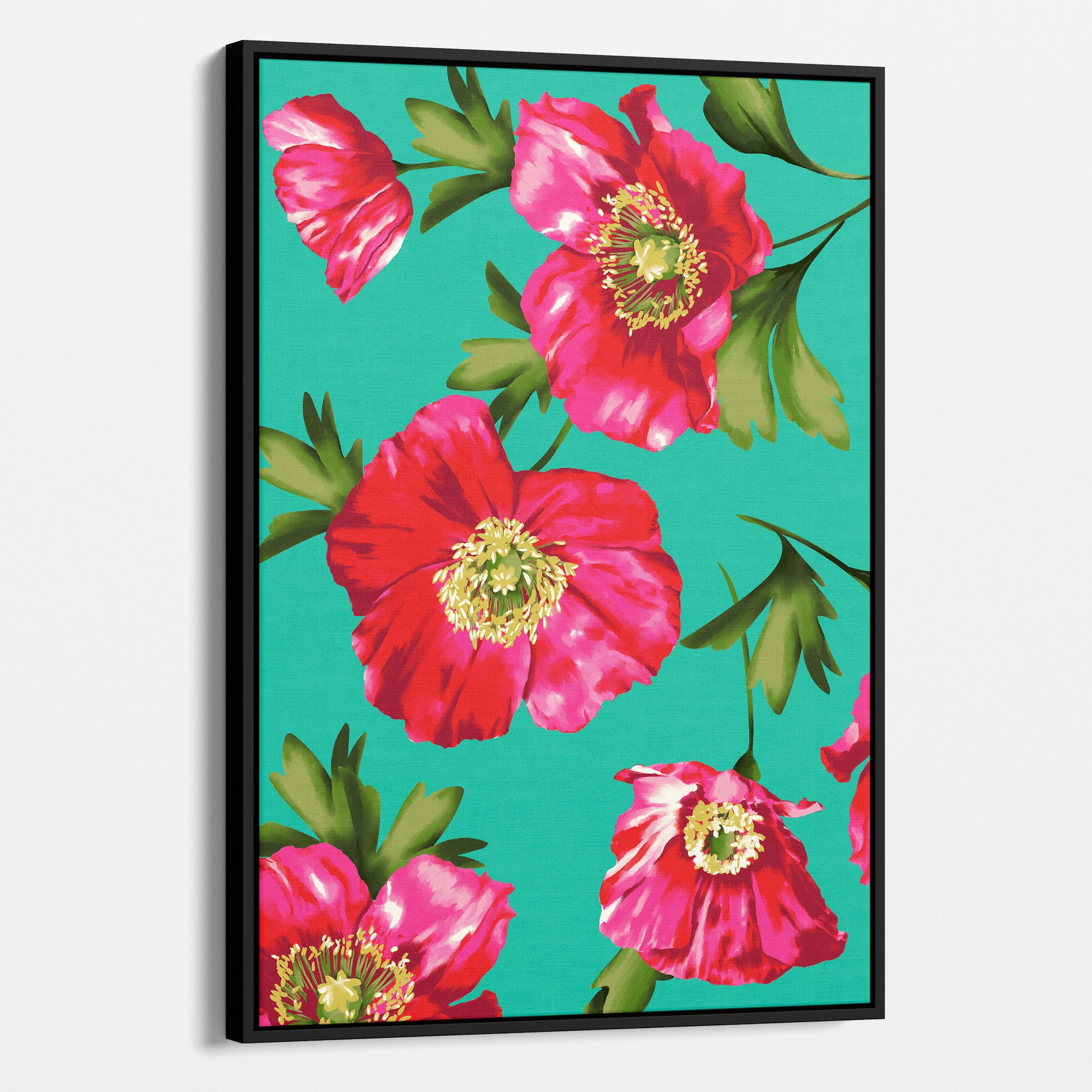 Framed Isla Turquoise poppy wall art angled view showing frame depth - vibrant pink floral botanical print with fresh green leaves