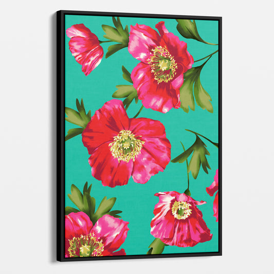 Framed Isla Turquoise poppy wall art angled view showing frame depth - vibrant pink floral botanical print with fresh green leaves
