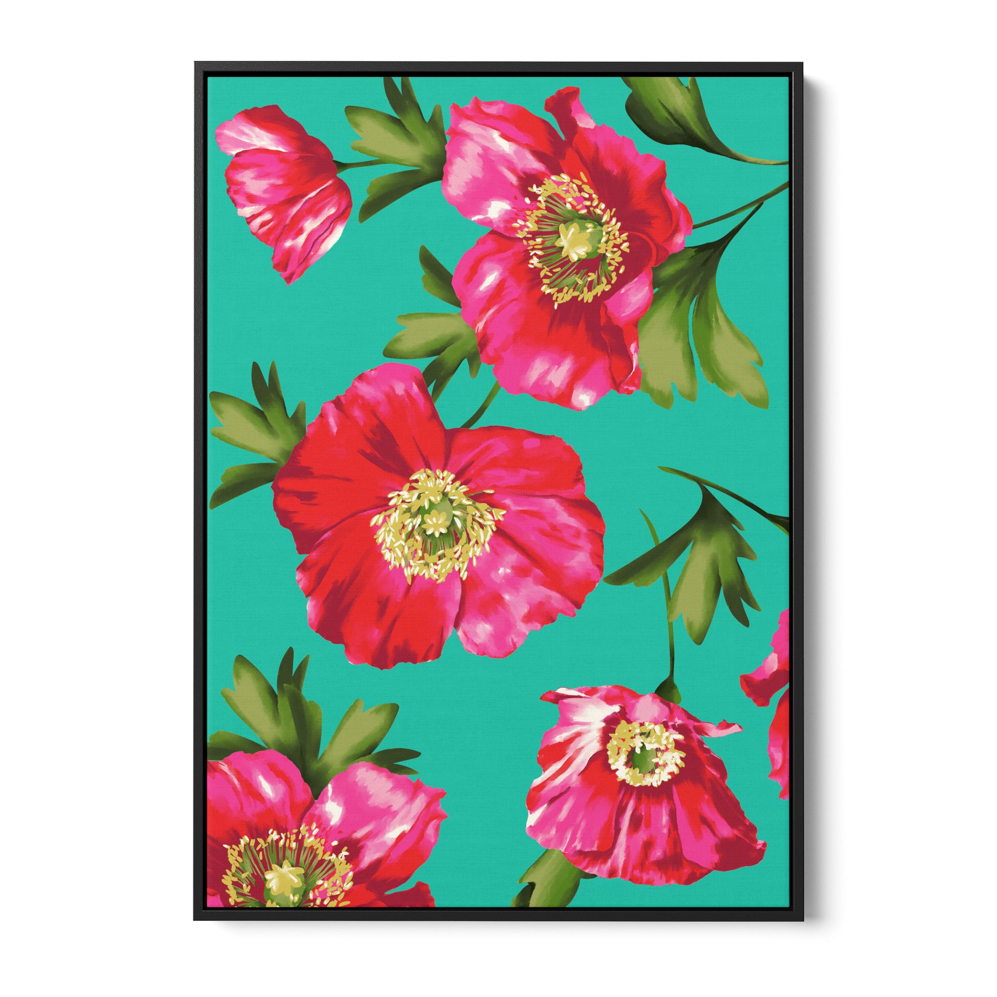 Isla Turquoise botanical wall art - bold pink poppies on turquoise background with painterly textures, framed print front view