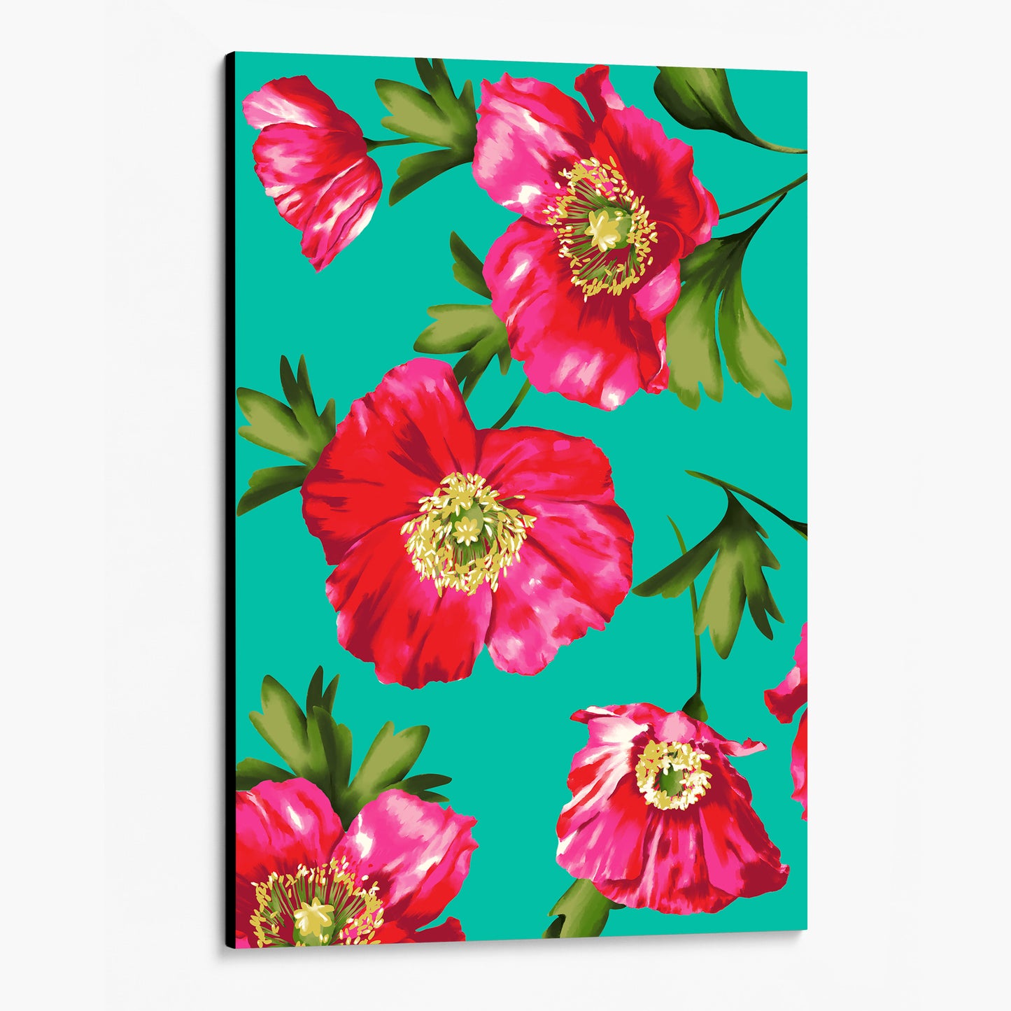 Unframed Isla Turquoise poppy wall art angled view showing frame depth - vibrant pink floral botanical print with fresh green leaves