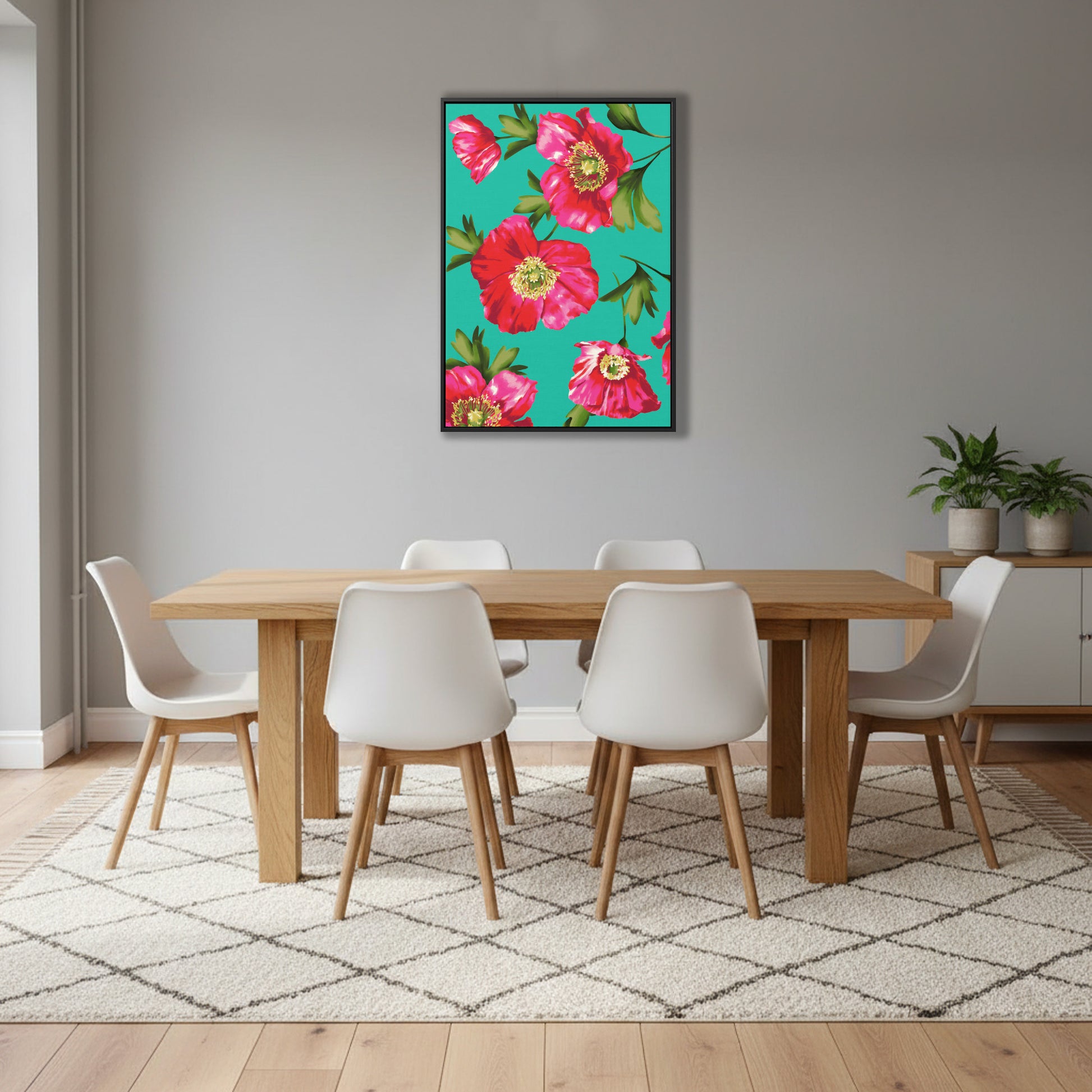 Isla Turquoise botanical wall art in modern room setting - bold pink poppy print creating vibrant statement piece for home decor