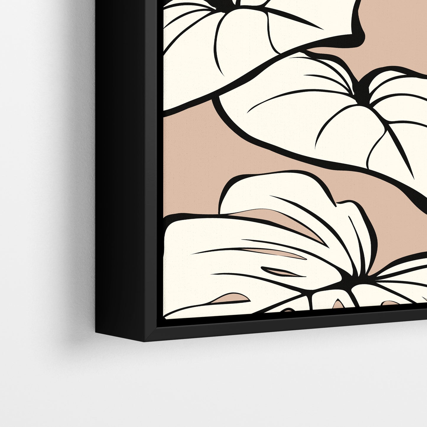 Close-up detail of Kai Coffee framed botanical print - large tropical leaves with distinctive splits and heart shapes on coffee background