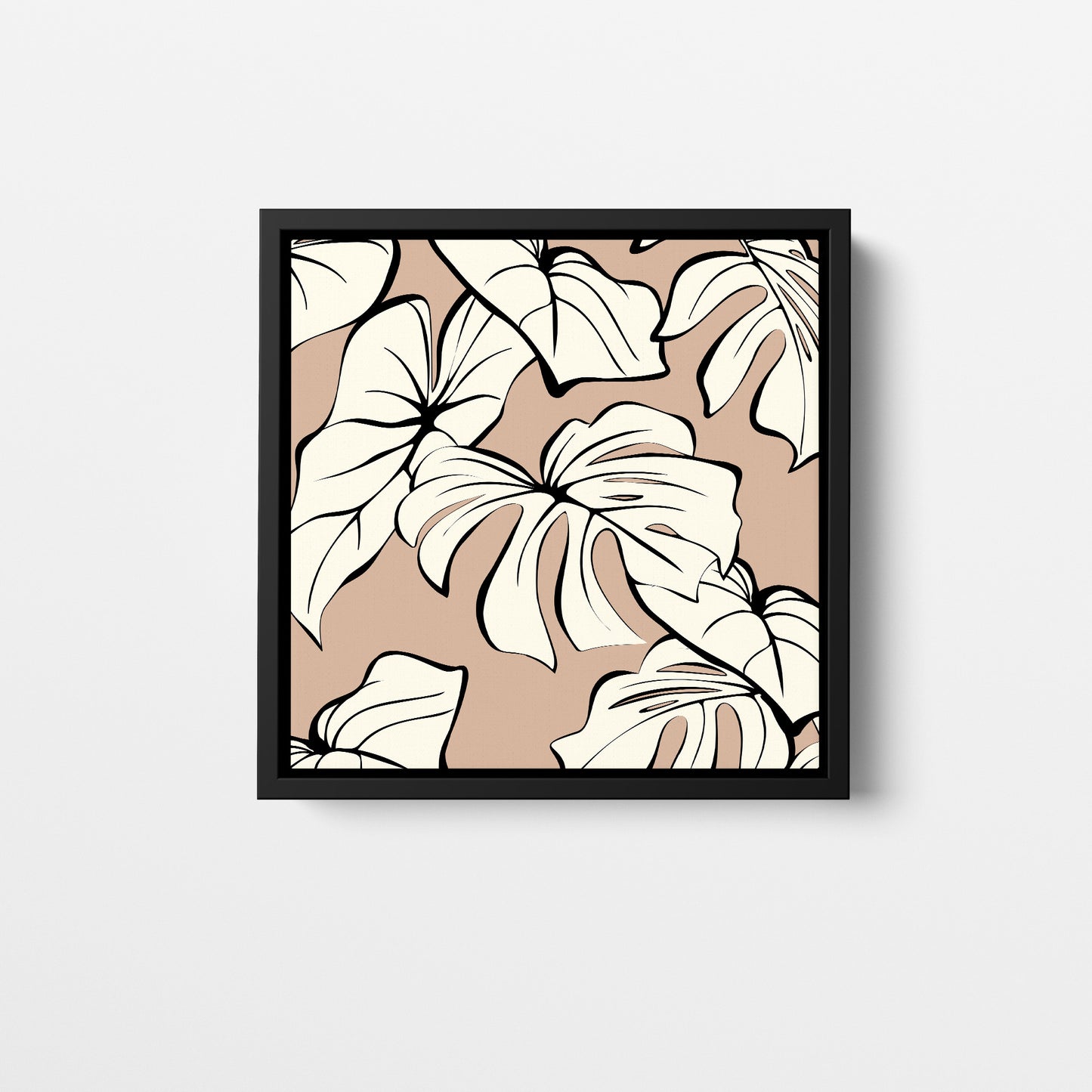 Kai Coffee mini tropical wall art - sophisticated cream leaves with bold black outlines on coffee background, framed print front view