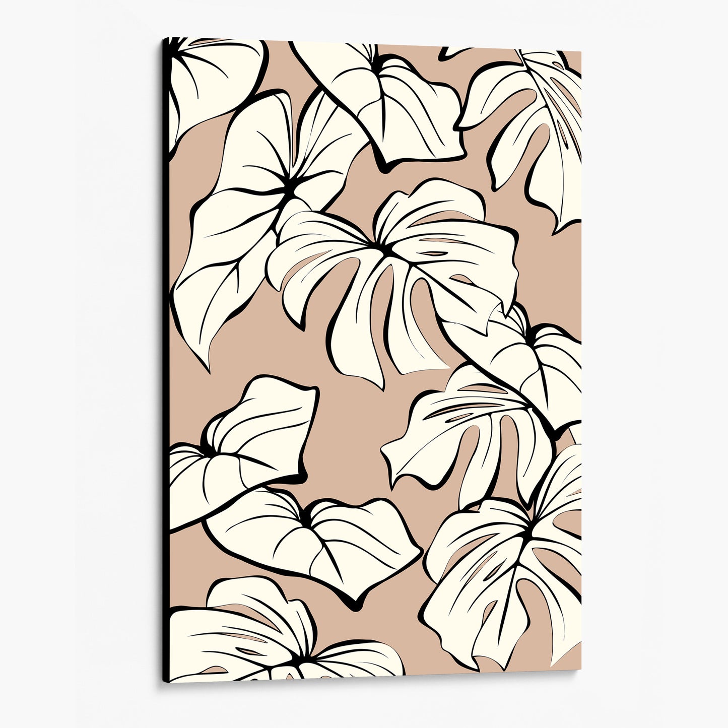 Unframed Kai Coffee botanical wall art angled view showing frame depth - modern tropical foliage design with graphic lines and organic forms