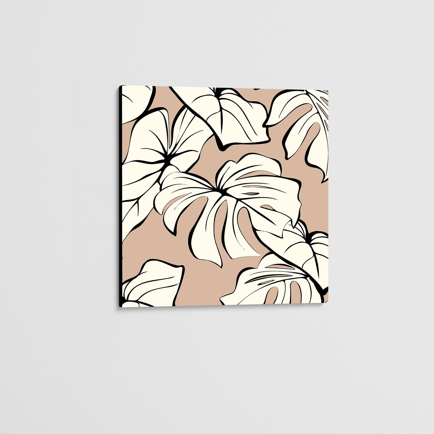 Unframed Kai Coffee mini botanical wall art angled view, with modern tropical foliage design with graphic lines and organic forms
