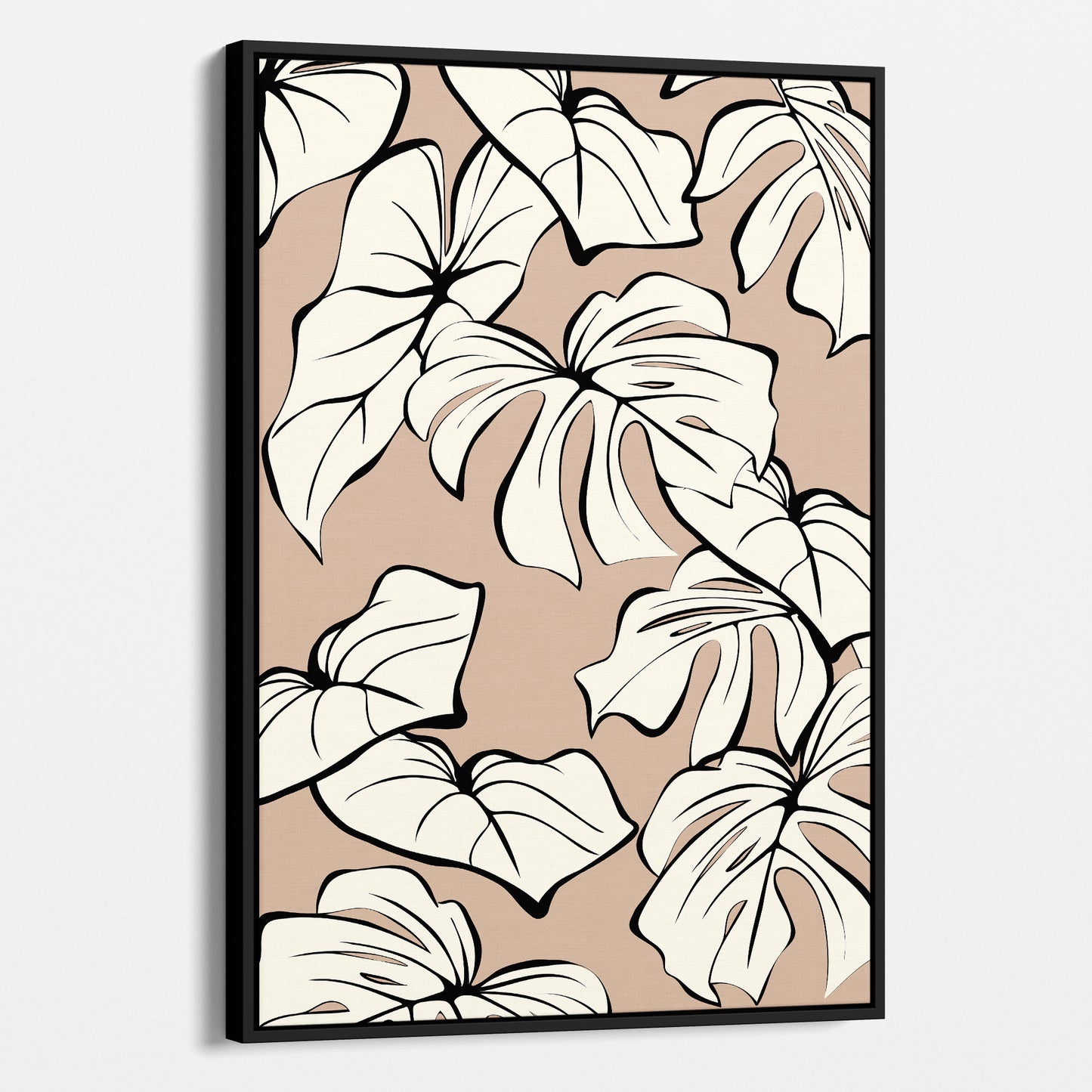 Framed Kai Coffee botanical wall art angled view showing frame depth - modern tropical foliage design with graphic lines and organic forms