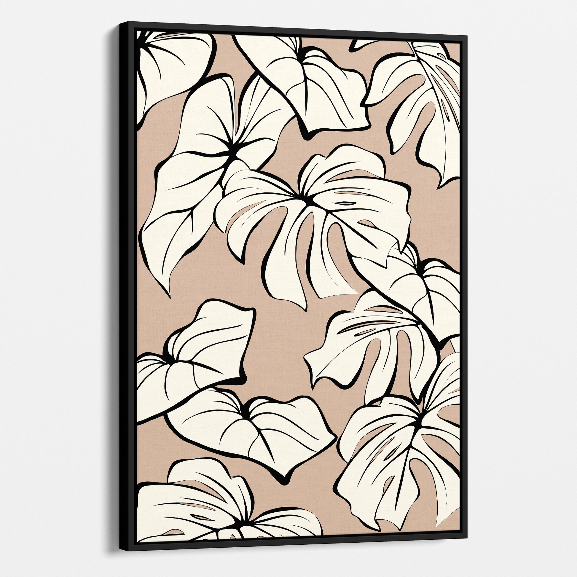 Framed Kai Coffee botanical wall art angled view showing frame depth - modern tropical foliage design with graphic lines and organic forms