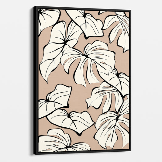Framed Kai Coffee botanical wall art angled view showing frame depth - modern tropical foliage design with graphic lines and organic forms