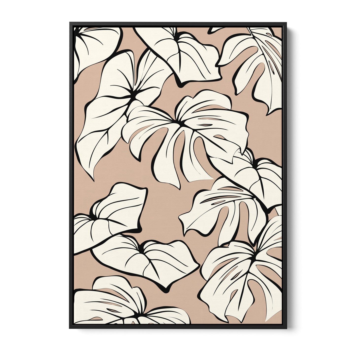 Kai Coffee tropical wall art - sophisticated cream leaves with bold black outlines on coffee background, framed print front view