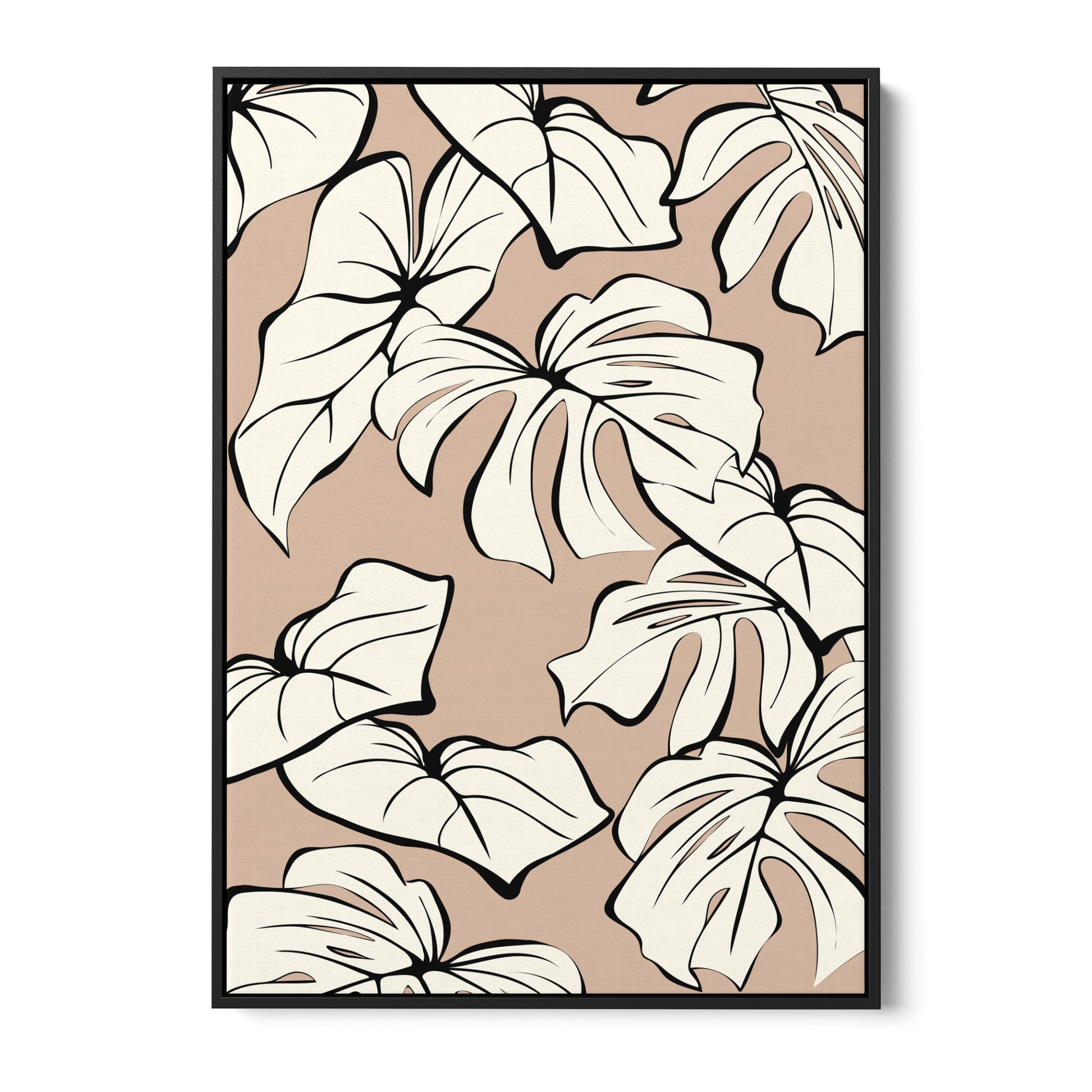 Kai Coffee tropical wall art - sophisticated cream leaves with bold black outlines on coffee background, framed print front view