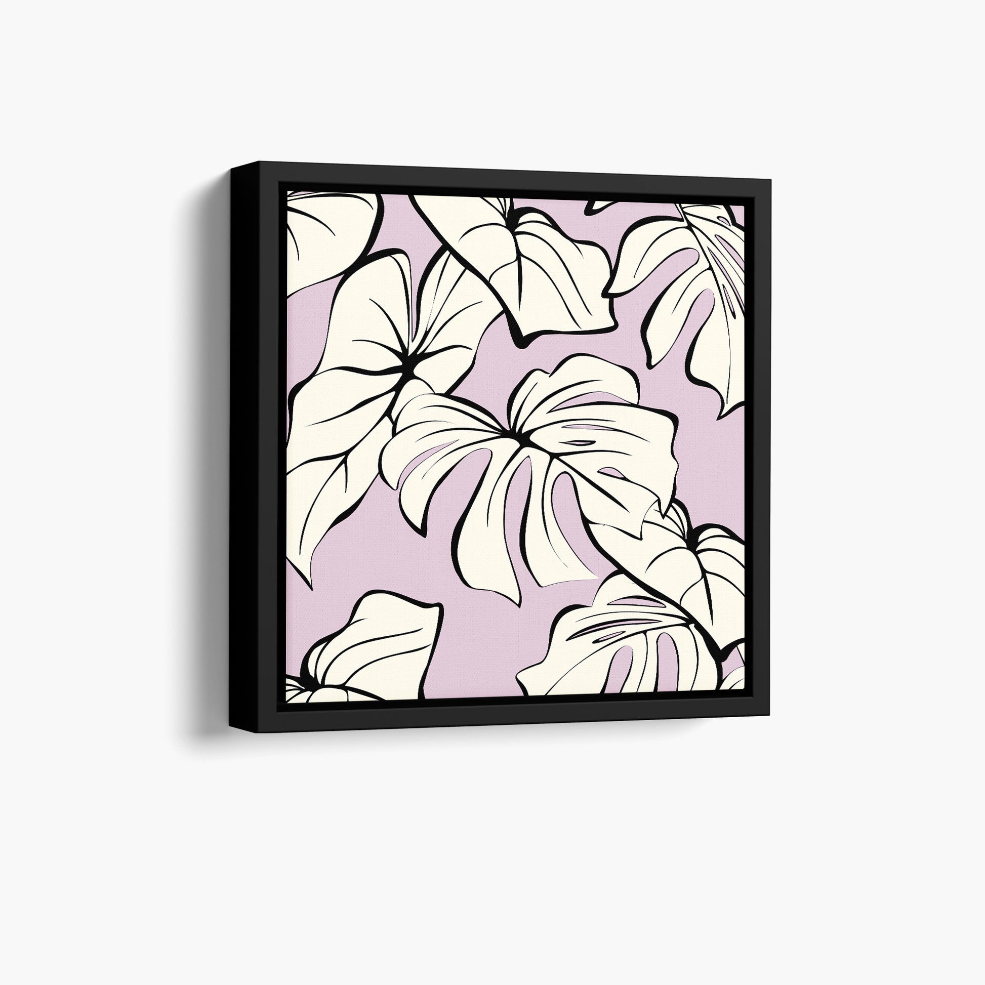 Framed Kai Lilac mini botanical wall art angled view showing frame depth - modern tropical foliage design with graphic lines and organic forms