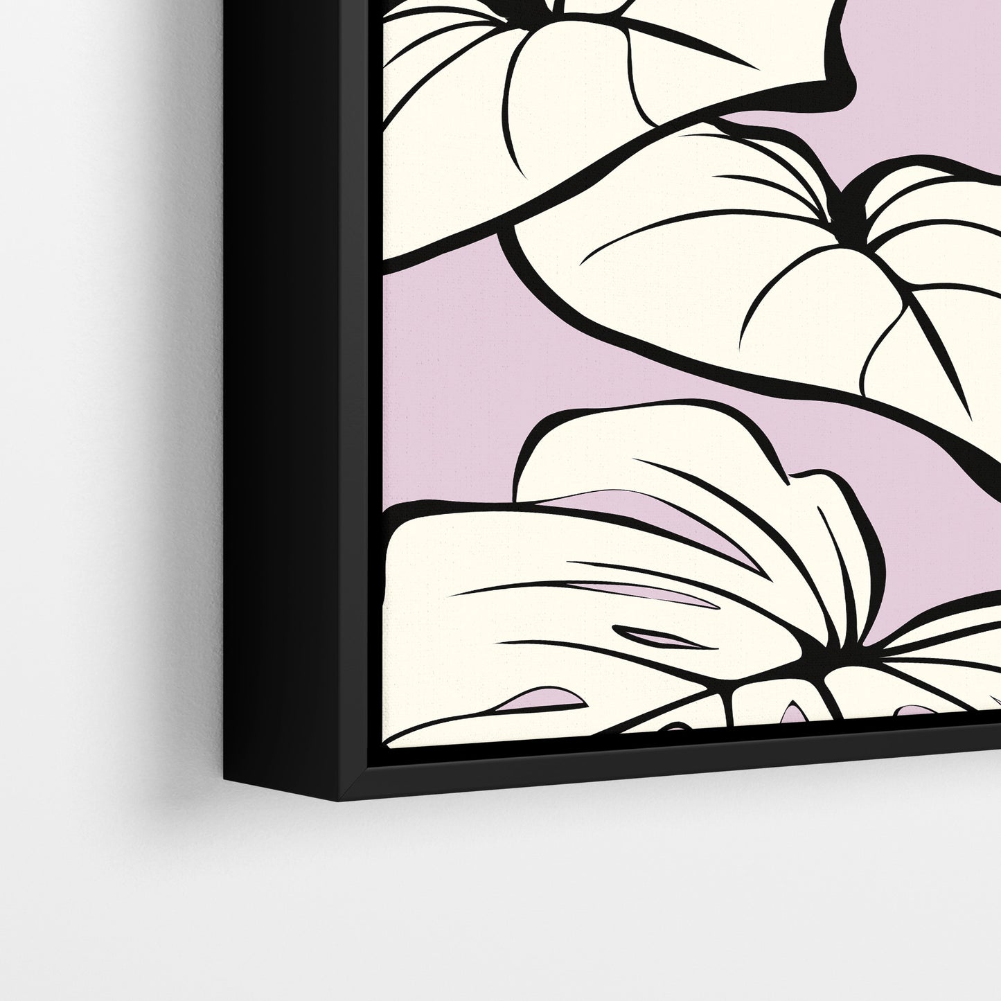 Close-up detail of Kai Lilac framed botanical print - large tropical leaves with distinctive splits and heart shapes on lilac background