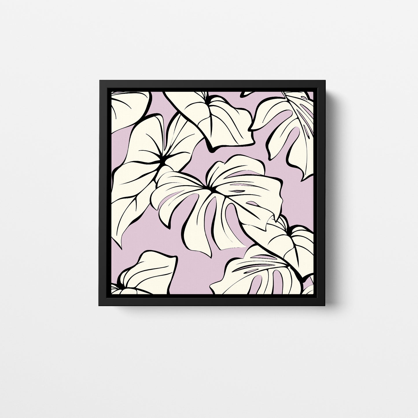 Kai Lilac mini tropical wall art - sophisticated cream leaves with bold black outlines on lilac background, framed print front view