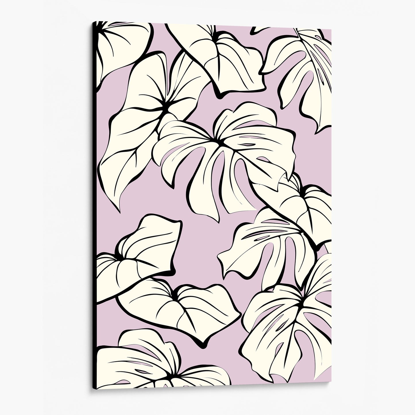 Unframed Kai Lilac botanical wall art angled view showing canvas depth - modern tropical foliage design with graphic lines and organic forms