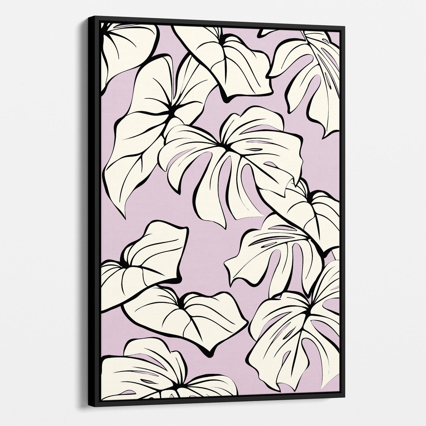Framed Kai Lilac botanical wall art angled view showing frame depth - modern tropical foliage design with graphic lines and organic forms