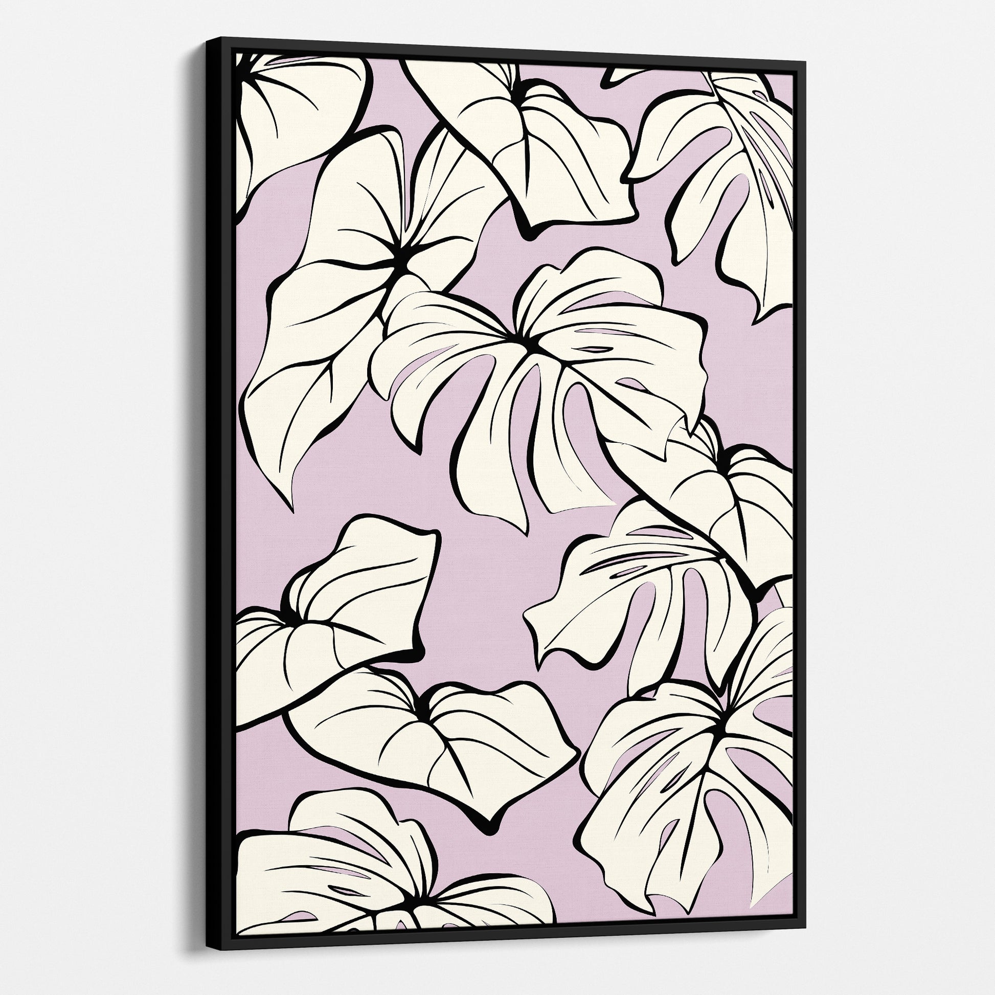 Framed Kai Lilac botanical wall art angled view showing frame depth - modern tropical foliage design with graphic lines and organic forms
