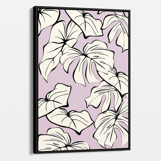 Framed Kai Lilac botanical wall art angled view showing frame depth - modern tropical foliage design with graphic lines and organic forms