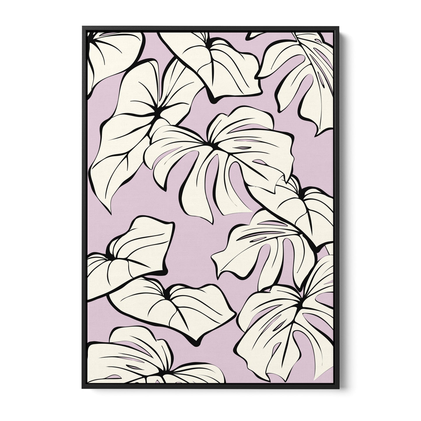 Kai Lilac tropical wall art - sophisticated cream leaves with bold black outlines on lilac background, framed print front view