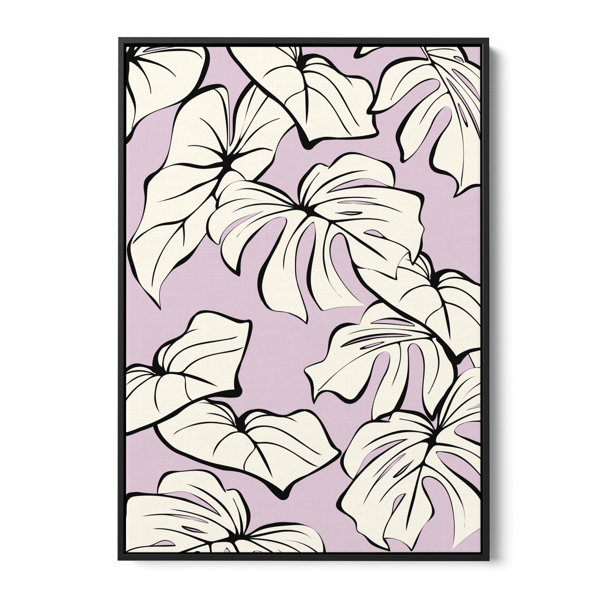 Kai Lilac tropical wall art - sophisticated cream leaves with bold black outlines on lilac background, framed print front view