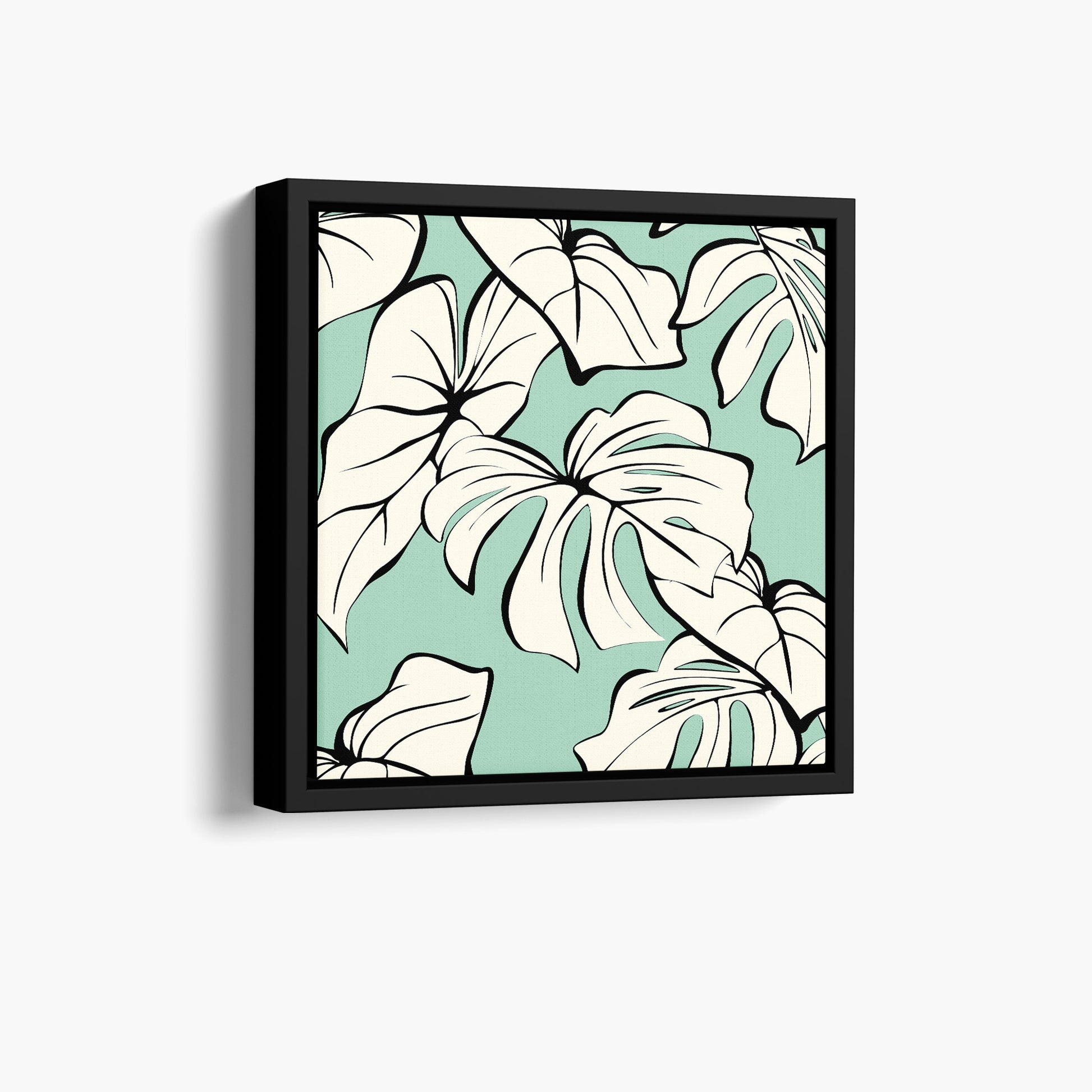 Framed Kai Mint mini botanical wall art angled view showing frame depth - modern tropical foliage design with graphic lines and organic forms
