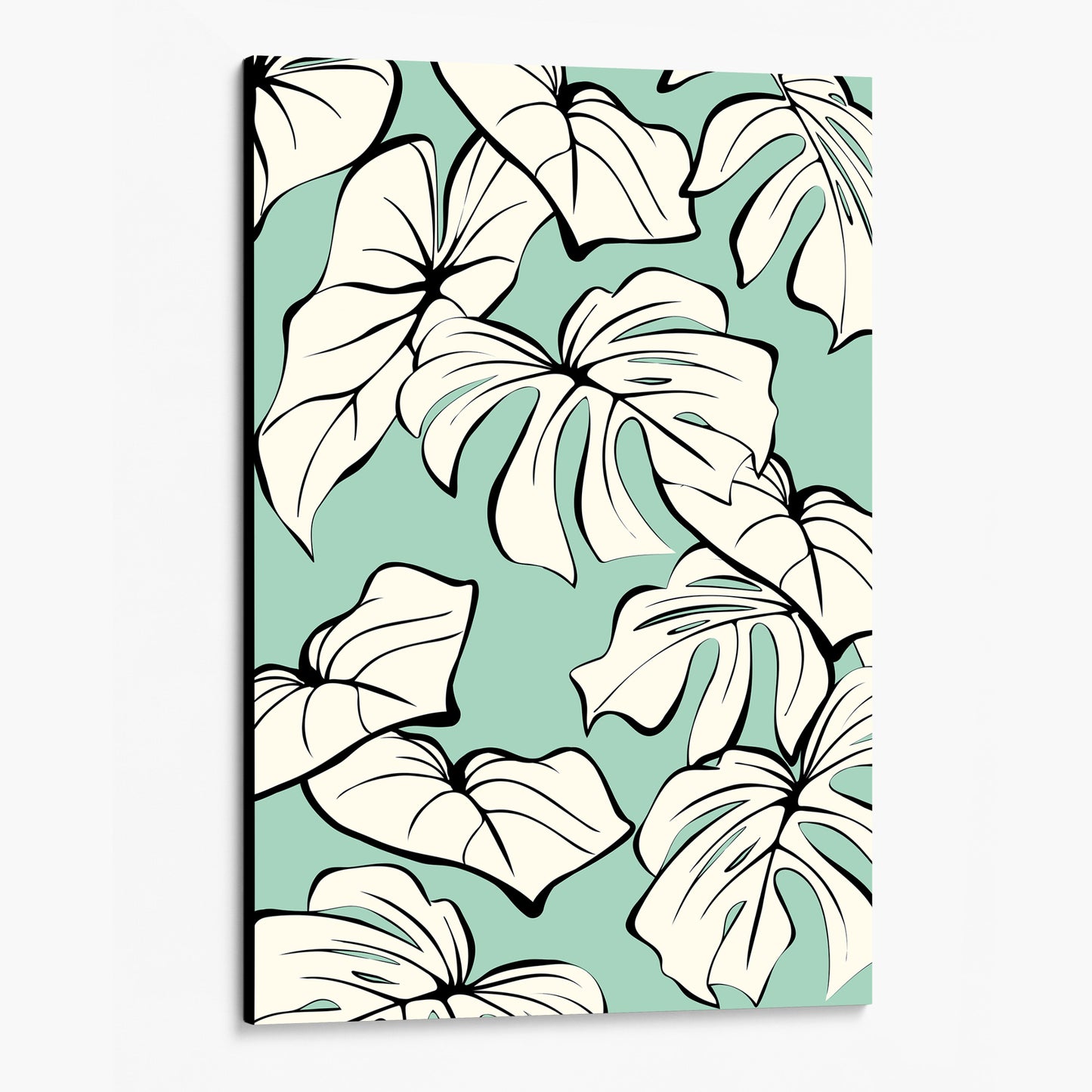 Unframed Kai Mint botanical wall art angled view showing canvas depth - modern tropical foliage design with graphic lines and organic forms