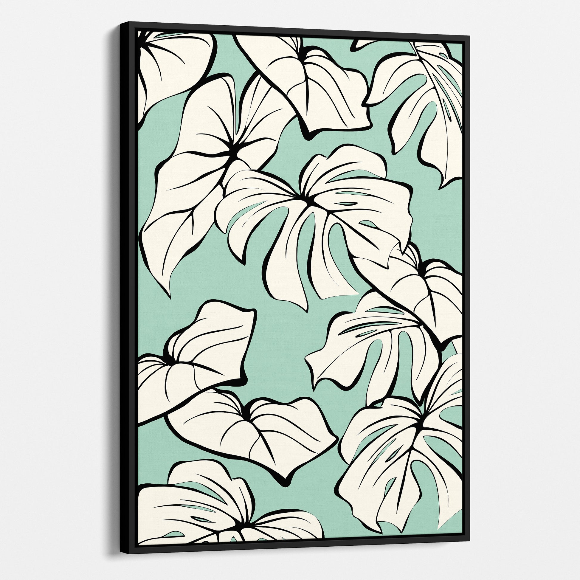 Framed Kai Mint botanical wall art angled view showing frame depth - modern tropical foliage design with graphic lines and organic forms