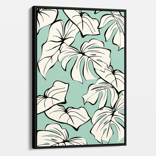 Framed Kai Mint botanical wall art angled view showing frame depth - modern tropical foliage design with graphic lines and organic forms